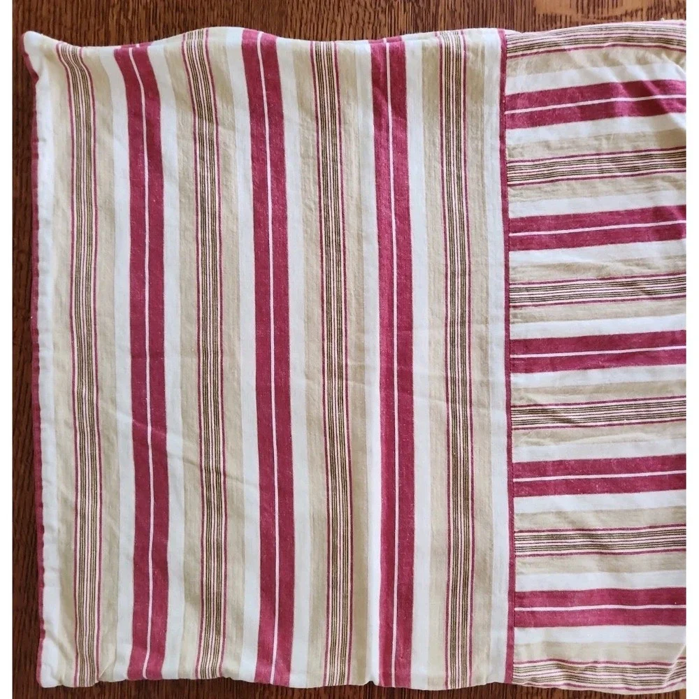 1/Pottery Barn 22X 22in Pillow Cover Red Tan Linen Blend Ticking Striped Zipper